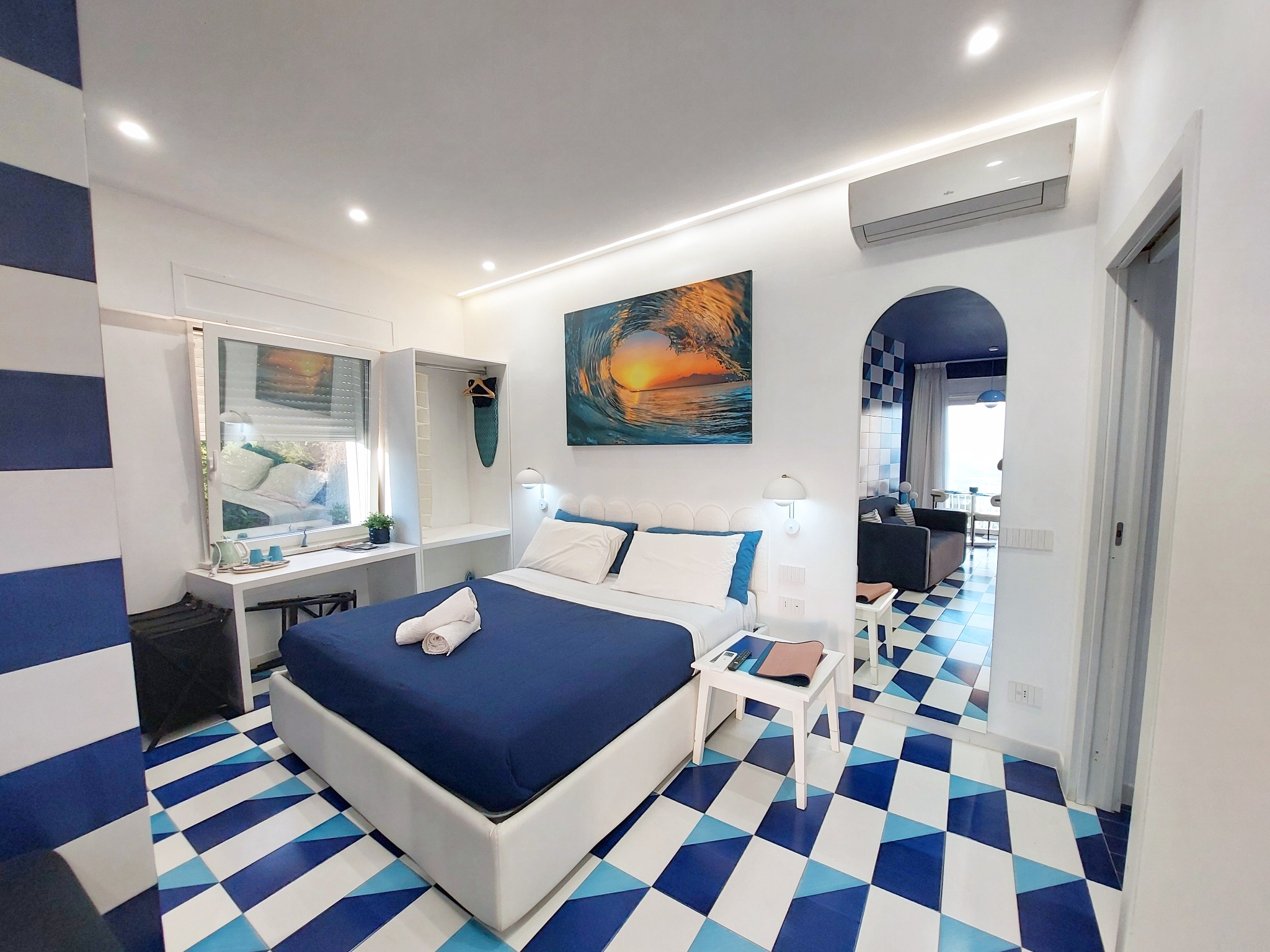 Bedroom with blue and white interior
