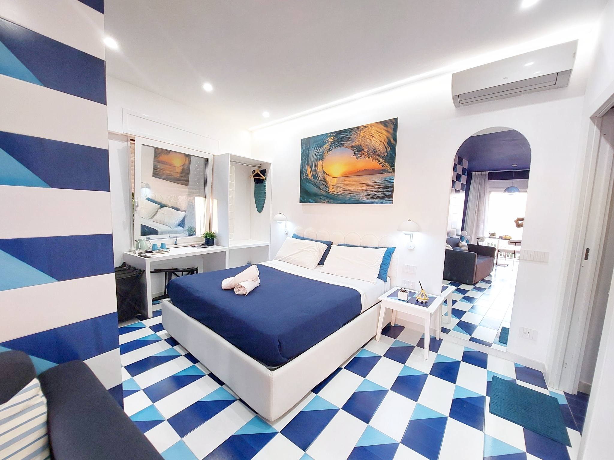 Blue and white double bedroom