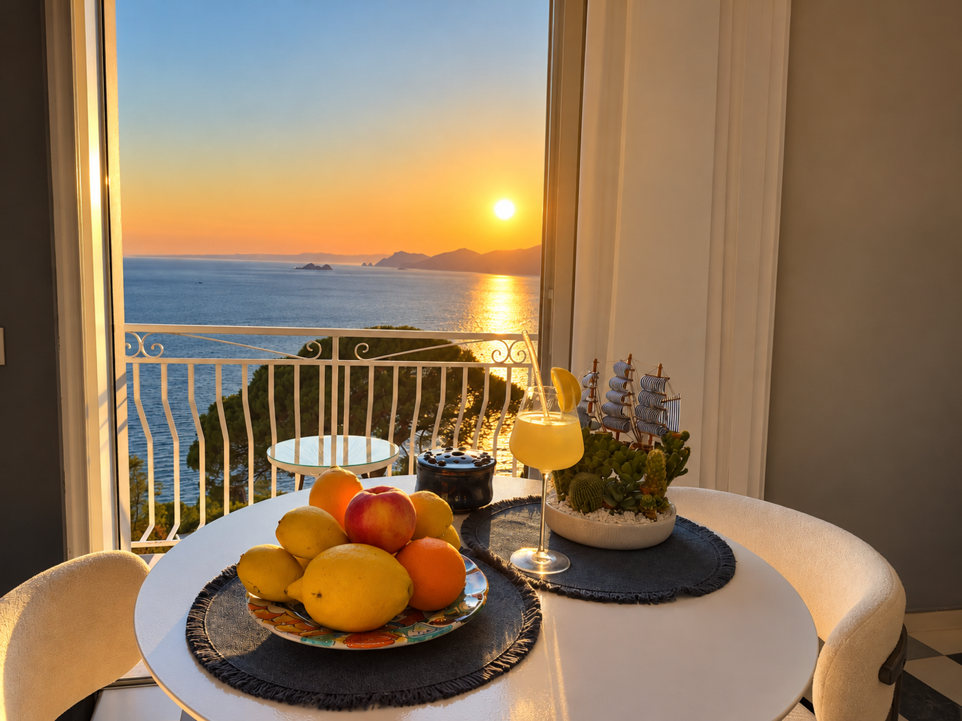 Table with fruit and sea view at sunset